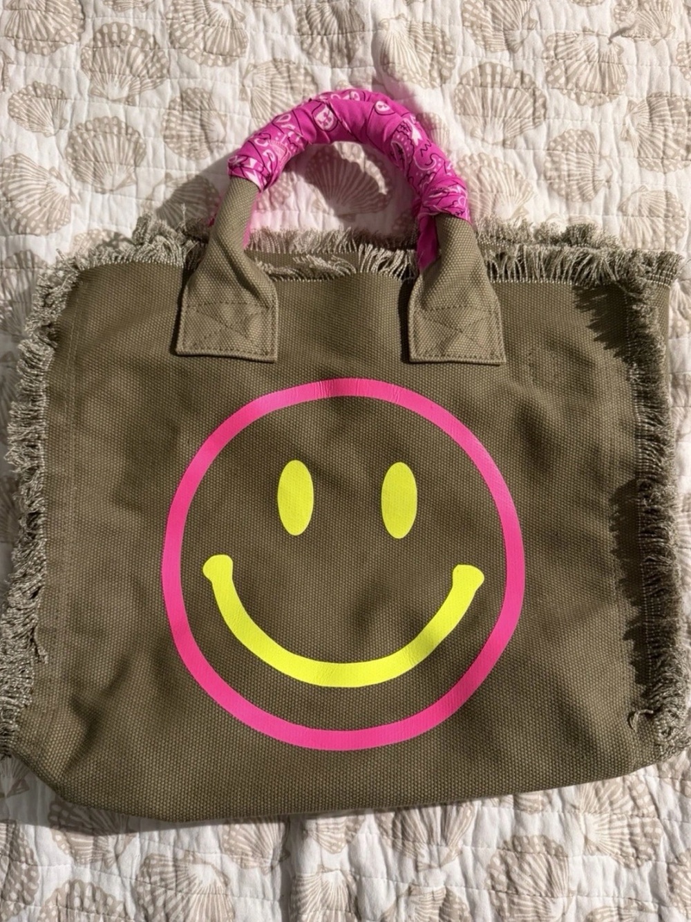 Vintage Hipchik Couture hobo chic Denim Smiley Face Tote Distressed Fringe bag